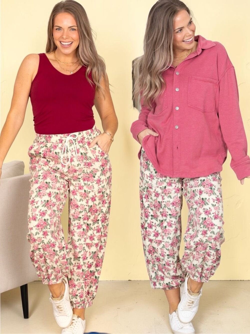 BiBi Floral Jogger Pants Pink Rose Drawstring Twill Elastic Waist Large NEW - Picture 12 of 12